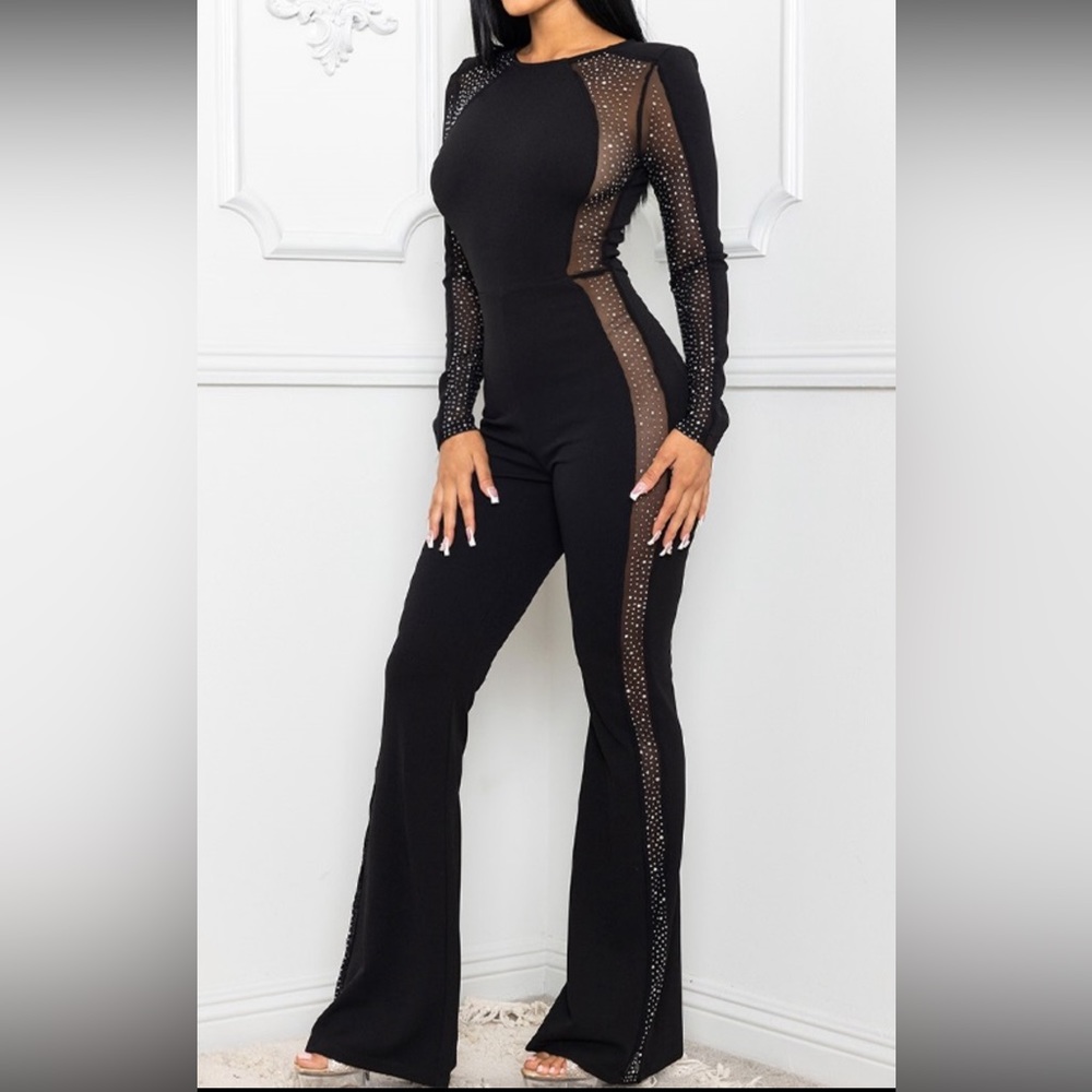 Small, medium and large! Rhinestone mesh jumpsuit